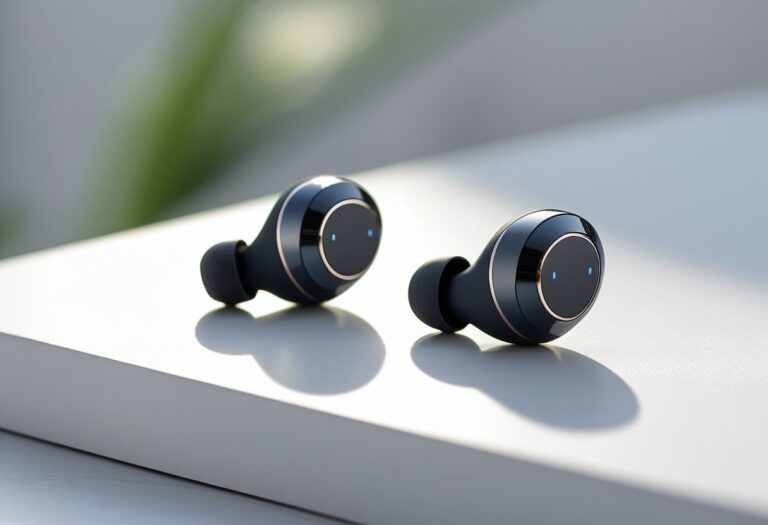 Um par de fones de ouvido sem fio pretos sobre uma superfície branca, com fundo desfocado.