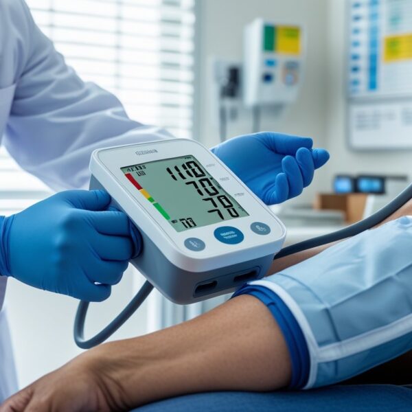 Um profissional de saúde medindo a pressão arterial de um paciente com um monitor digital em um consultório médico.
