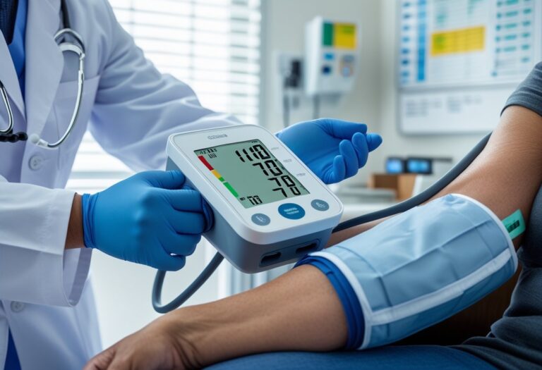 Um profissional de saúde medindo a pressão arterial de um paciente com um monitor digital em um consultório médico.