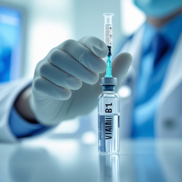 Mão de profissional de saúde segurando uma seringa com vitamina B12 injetável em ambiente clínico.