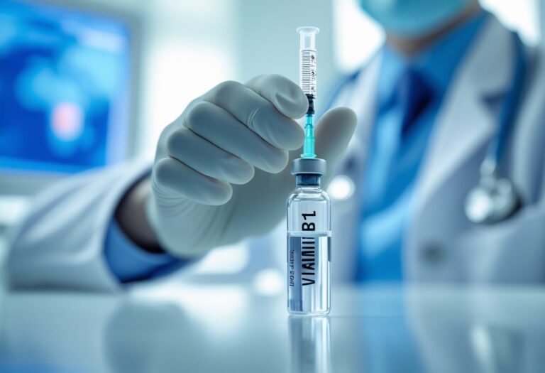 Mão de profissional de saúde segurando uma seringa com vitamina B12 injetável em ambiente clínico.