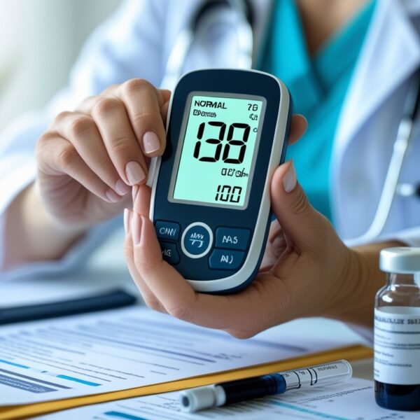 Consulta médica com profissional segurando um medidor digital de glicose mostrando resultado normal.