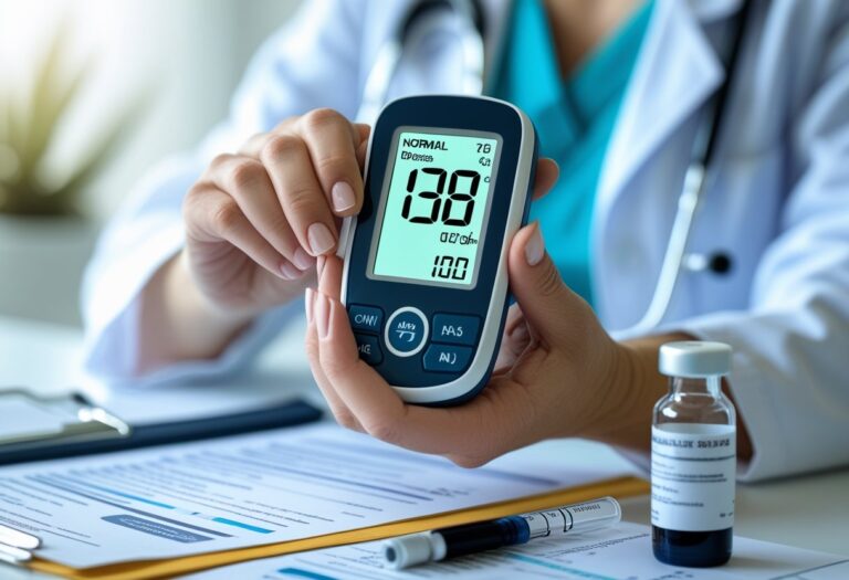 Consulta médica com profissional segurando um medidor digital de glicose mostrando resultado normal.