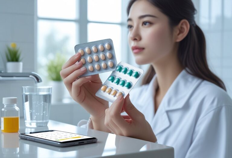 Mulher segurando uma cartela de anticoncepcionais em uma mão e um calendário na outra, em um banheiro iluminado, com itens de saúde na bancada.