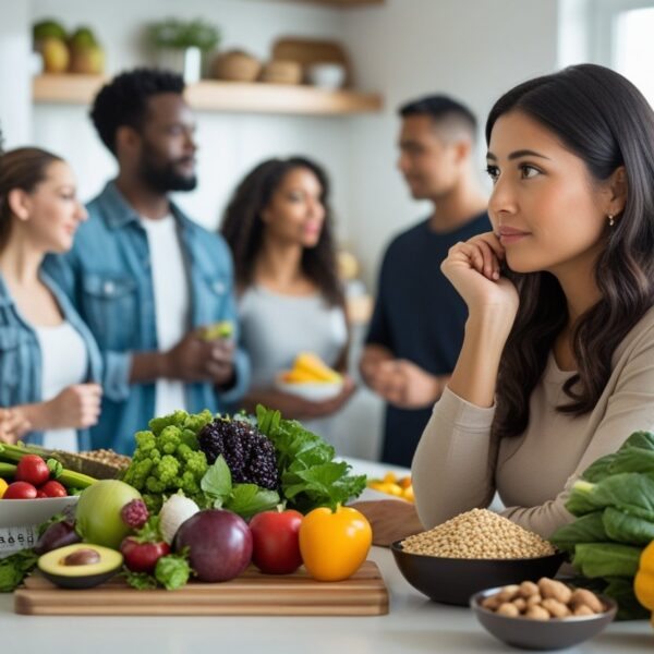 Mulher em uma cozinha moderna olhando para alimentos naturais como frutas e vegetais, refletindo sobre alimentação e saúde.