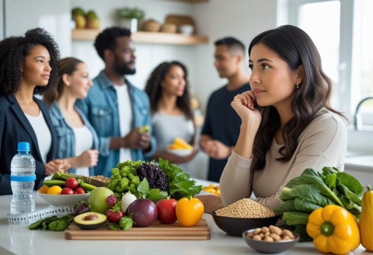 Mulher em uma cozinha moderna olhando para alimentos naturais como frutas e vegetais, refletindo sobre alimentação e saúde.