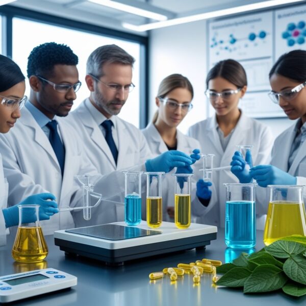 Cientistas em um laboratório moderno analisando líquidos em tubos de ensaio e uma balança digital com cápsulas e folhas verdes ao lado.