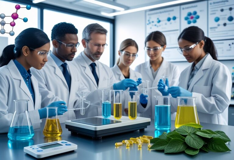 Cientistas em um laboratório moderno analisando líquidos em tubos de ensaio e uma balança digital com cápsulas e folhas verdes ao lado.
