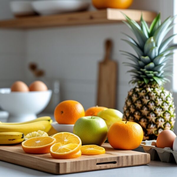 Frutas frescas e ovos organizados em uma bancada de cozinha, com bananas, laranjas, maçãs, abacaxis e ovos em uma caixa.