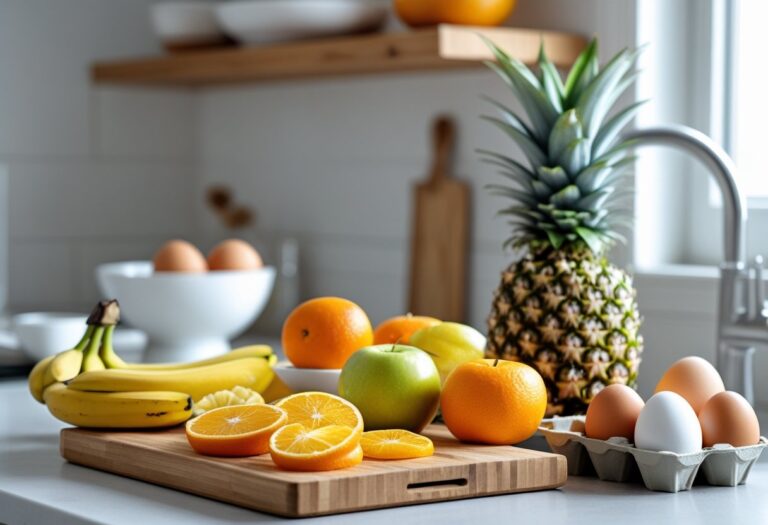 Frutas frescas e ovos organizados em uma bancada de cozinha, com bananas, laranjas, maçãs, abacaxis e ovos em uma caixa.