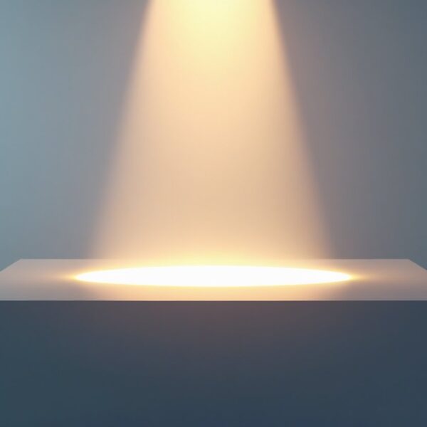 Um feixe de luz brilhante iluminando uma superfície lisa e vazia em um ambiente moderno e minimalista.