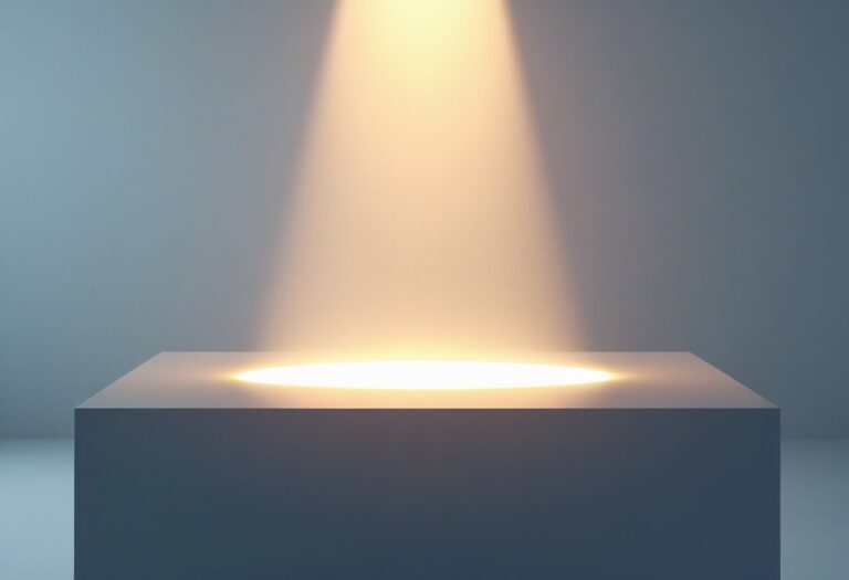 Um feixe de luz brilhante iluminando uma superfície lisa e vazia em um ambiente moderno e minimalista.