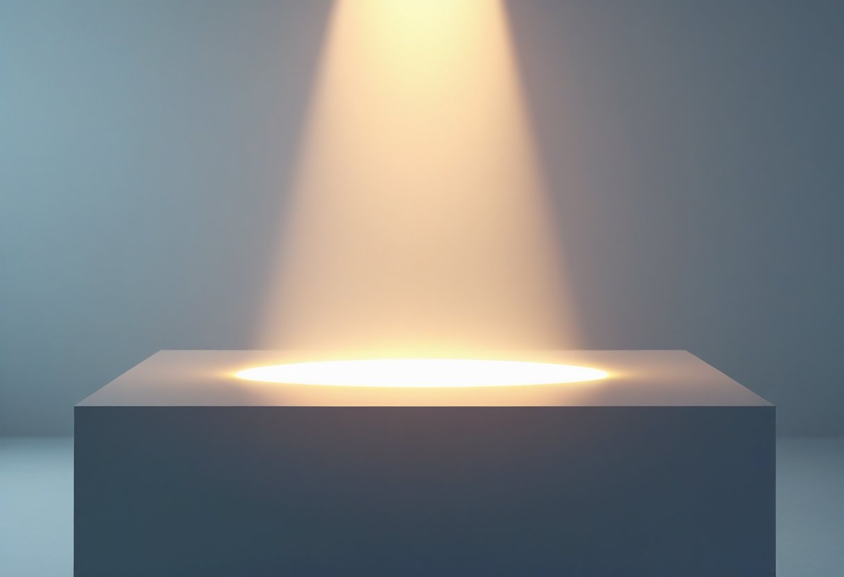 Um feixe de luz brilhante iluminando uma superfície lisa e vazia em um ambiente moderno e minimalista.