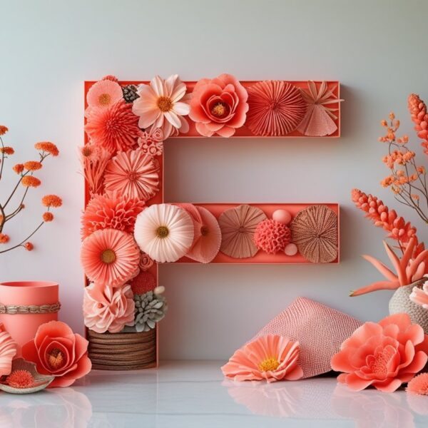 Composição artística com objetos e flores na cor coral formando a letra F sobre fundo neutro.