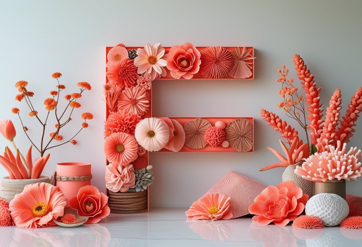 Composição artística com objetos e flores na cor coral formando a letra F sobre fundo neutro.