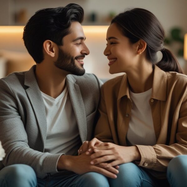 Um casal moderno sentado próximo em um sofá, segurando as mãos e olhando nos olhos um do outro em um ambiente aconchegante e iluminado suavemente.