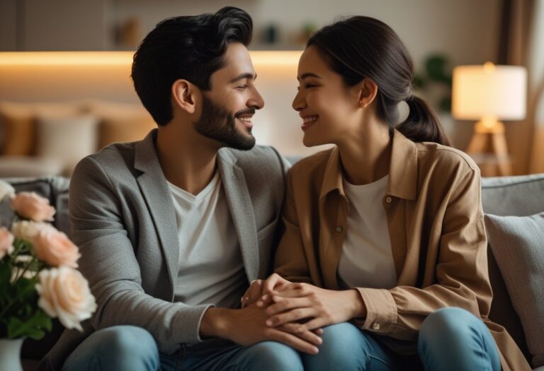 Um casal moderno sentado próximo em um sofá, segurando as mãos e olhando nos olhos um do outro em um ambiente aconchegante e iluminado suavemente.