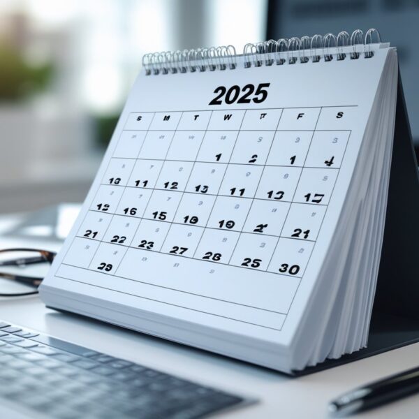 Uma mesa de escritório com um calendário aberto mostrando o ano de 2025, acompanhado de uma caneta e óculos.