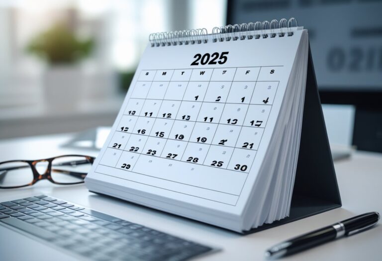 Uma mesa de escritório com um calendário aberto mostrando o ano de 2025, acompanhado de uma caneta e óculos.