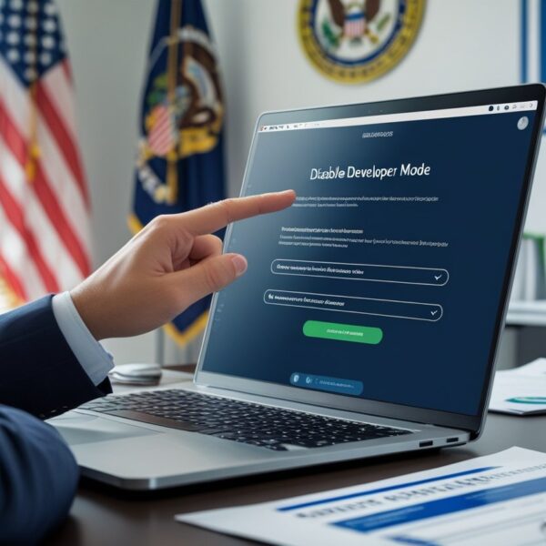 Pessoa em escritório governamental usando laptop para ajustar configurações de segurança.