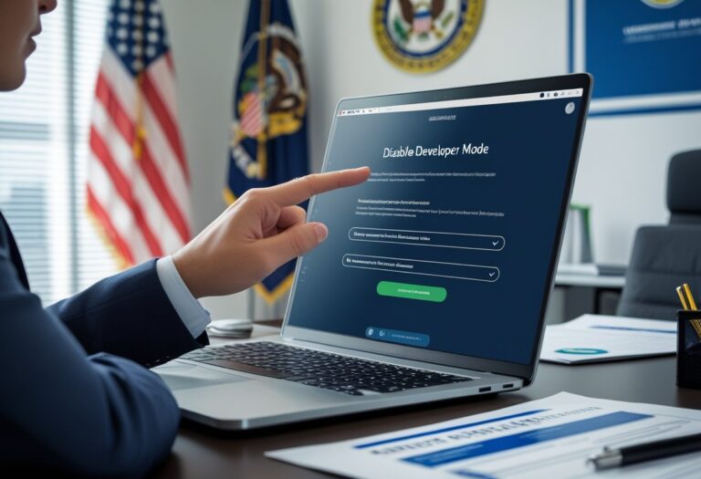 Pessoa em escritório governamental usando laptop para ajustar configurações de segurança.