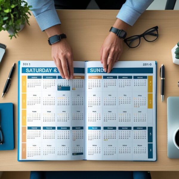 Mesa organizada com um calendário aberto mostrando um ano inteiro, destacando sábados e domingos, cercada por materiais de escritório.
