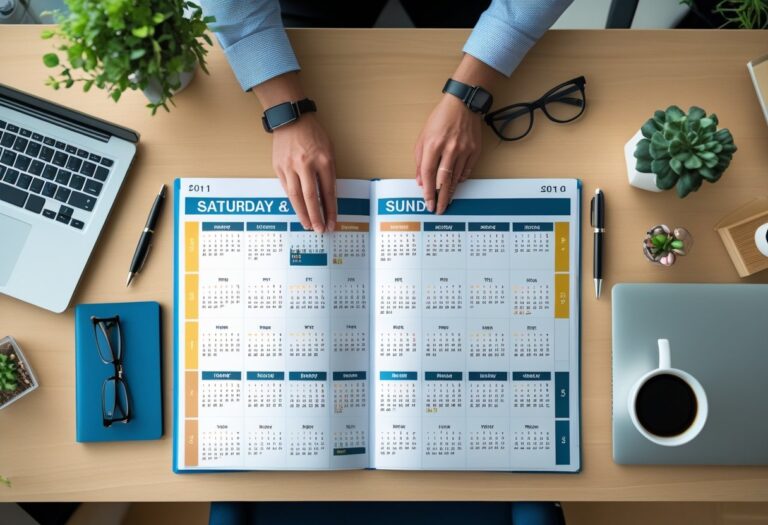 Mesa organizada com um calendário aberto mostrando um ano inteiro, destacando sábados e domingos, cercada por materiais de escritório.