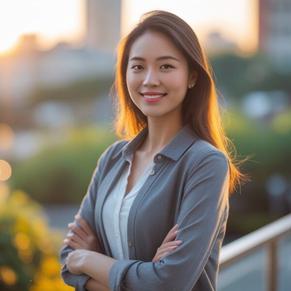 Uma jovem mulher sorrindo em pé em um ambiente urbano ao entardecer.