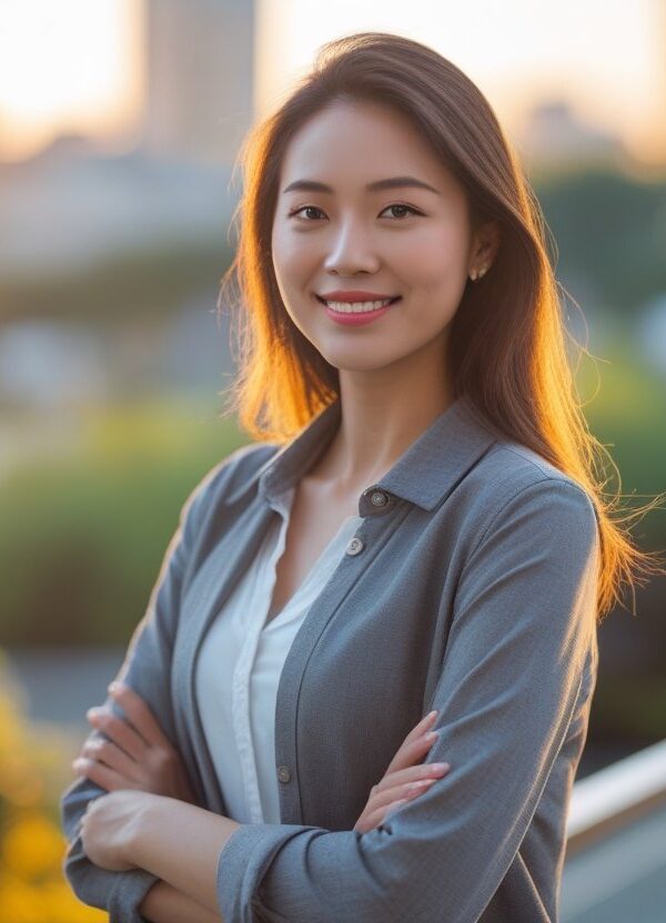 Uma jovem mulher sorrindo em pé em um ambiente urbano ao entardecer.