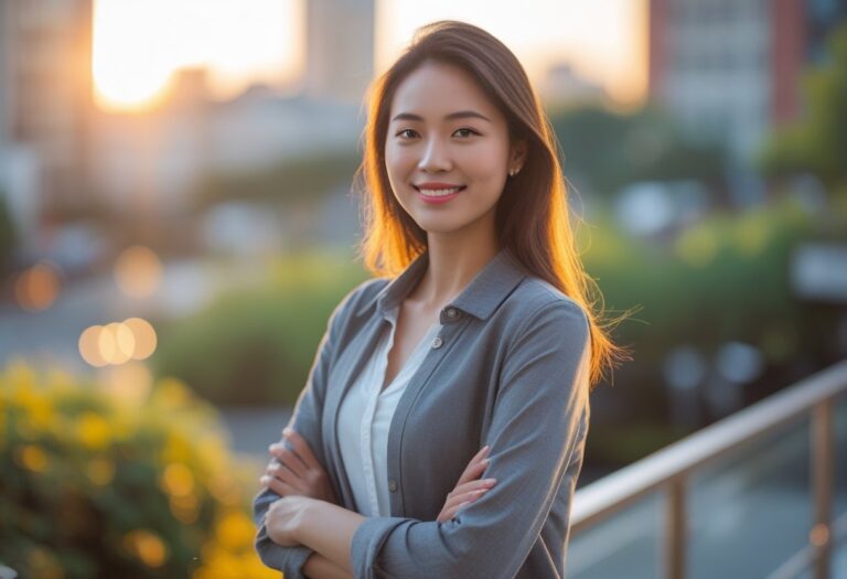 Uma jovem mulher sorrindo em pé em um ambiente urbano ao entardecer.
