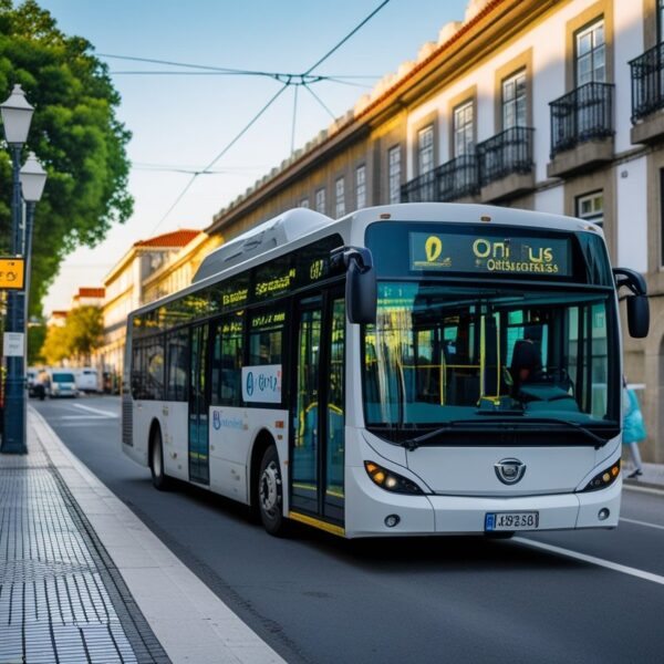 Ônibus típico de transporte público em uma rua urbana de Portugal com prédios ao redor e pessoas esperando no ponto de ônibus.