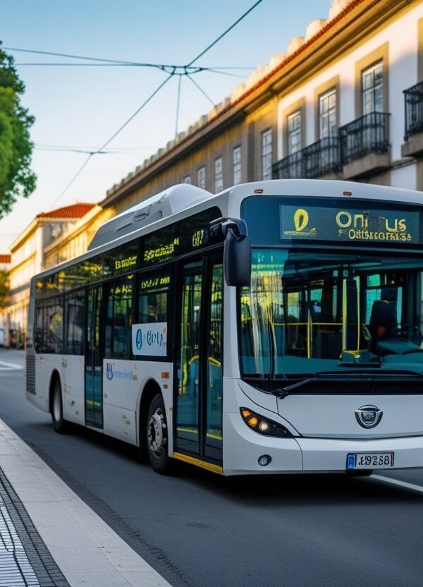 Ônibus típico de transporte público em uma rua urbana de Portugal com prédios ao redor e pessoas esperando no ponto de ônibus.