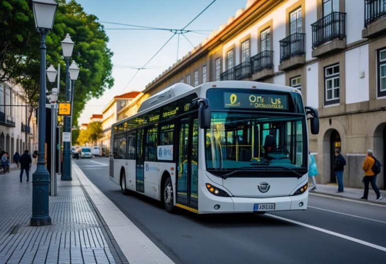 Ônibus típico de transporte público em uma rua urbana de Portugal com prédios ao redor e pessoas esperando no ponto de ônibus.