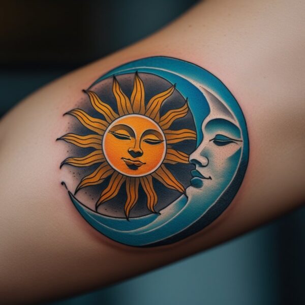 Braço com uma tatuagem detalhada do sol e da lua entrelaçados, representando equilíbrio e harmonia.