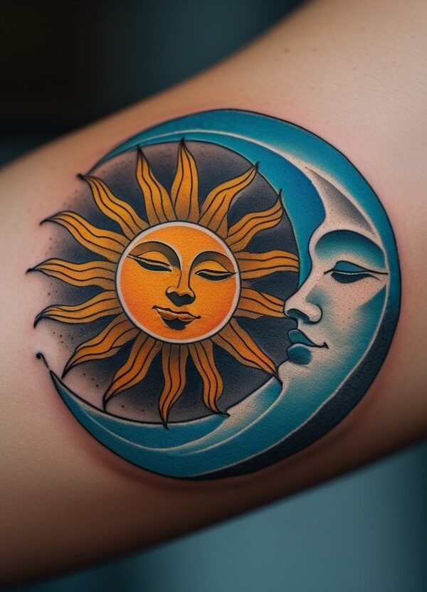 Braço com uma tatuagem detalhada do sol e da lua entrelaçados, representando equilíbrio e harmonia.