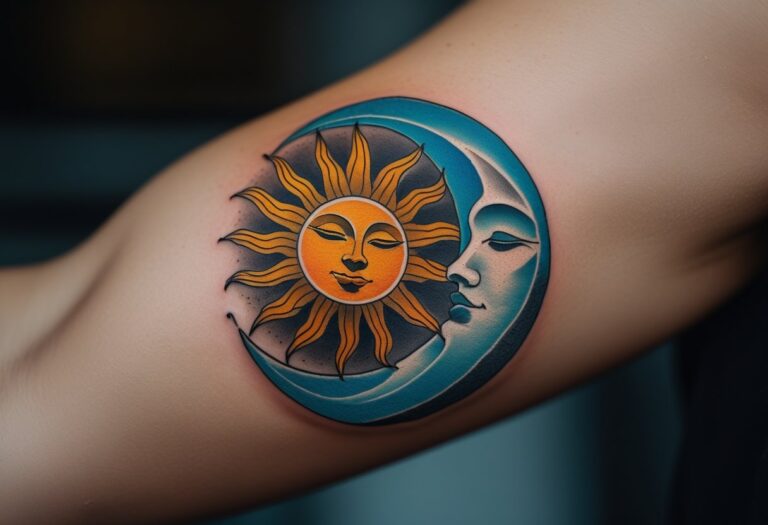 Braço com uma tatuagem detalhada do sol e da lua entrelaçados, representando equilíbrio e harmonia.