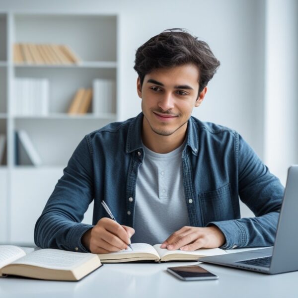 Pessoa jovem escrevendo em um caderno em uma mesa com livros e laptop em um ambiente iluminado.