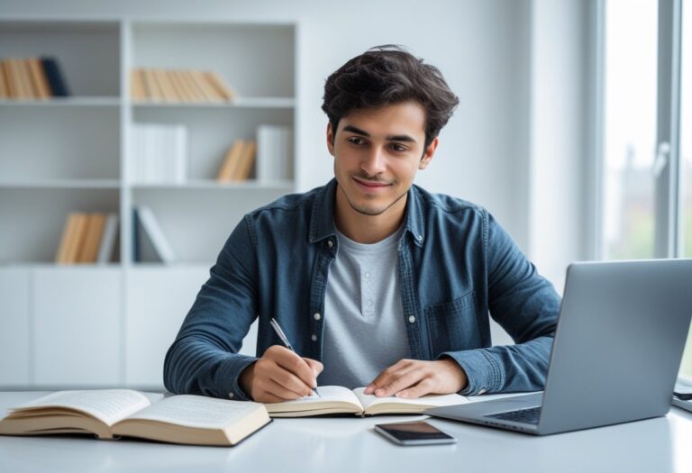 Pessoa jovem escrevendo em um caderno em uma mesa com livros e laptop em um ambiente iluminado.