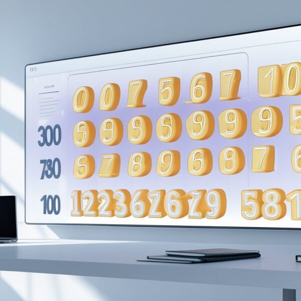 Espaço de trabalho moderno com uma tela digital exibindo números de 0 a 100 organizados em conjuntos destacados.