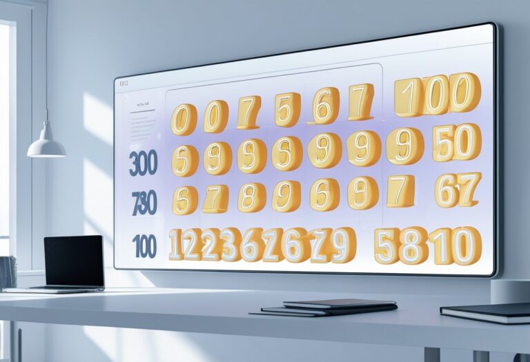 Espaço de trabalho moderno com uma tela digital exibindo números de 0 a 100 organizados em conjuntos destacados.