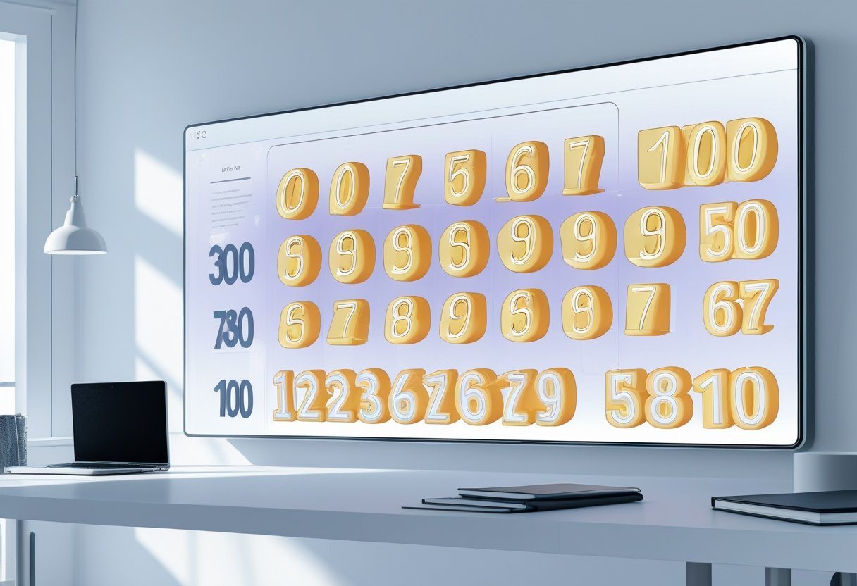 Espaço de trabalho moderno com uma tela digital exibindo números de 0 a 100 organizados em conjuntos destacados.