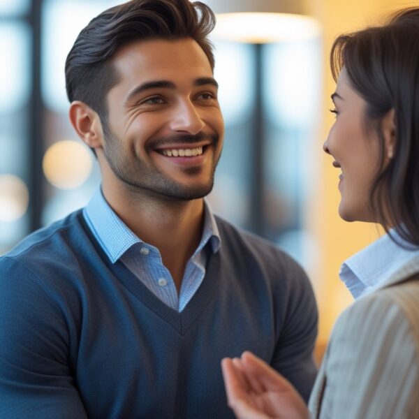 Um homem sorrindo enquanto recebe um elogio de uma mulher em um ambiente acolhedor e iluminado.