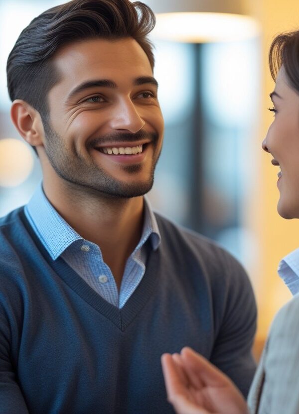 Um homem sorrindo enquanto recebe um elogio de uma mulher em um ambiente acolhedor e iluminado.