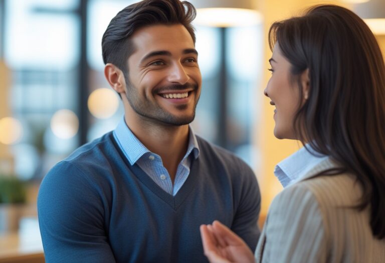 Um homem sorrindo enquanto recebe um elogio de uma mulher em um ambiente acolhedor e iluminado.