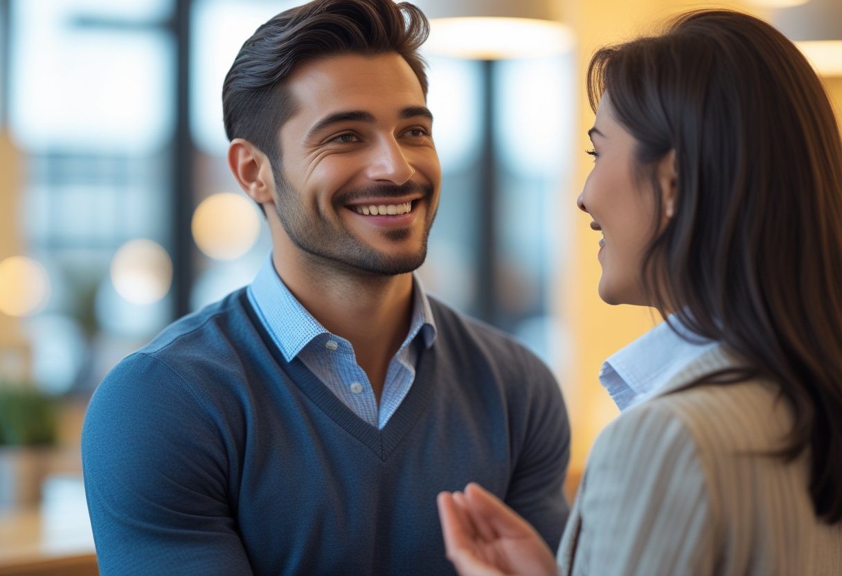 Um homem sorrindo enquanto recebe um elogio de uma mulher em um ambiente acolhedor e iluminado.
