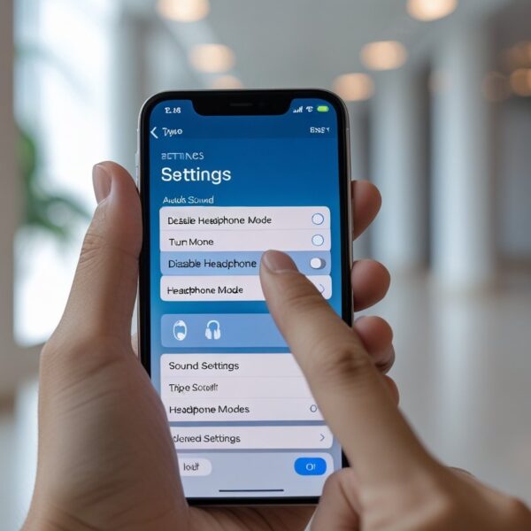 Pessoa segurando um celular mostrando a tela de configurações de áudio para desativar o modo fone de ouvido.