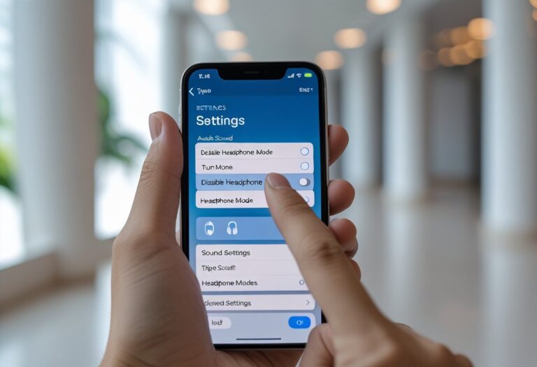 Pessoa segurando um celular mostrando a tela de configurações de áudio para desativar o modo fone de ouvido.