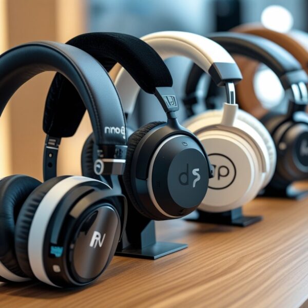 Vários fones de ouvido de diferentes modelos e marcas dispostos sobre uma mesa em uma loja moderna.