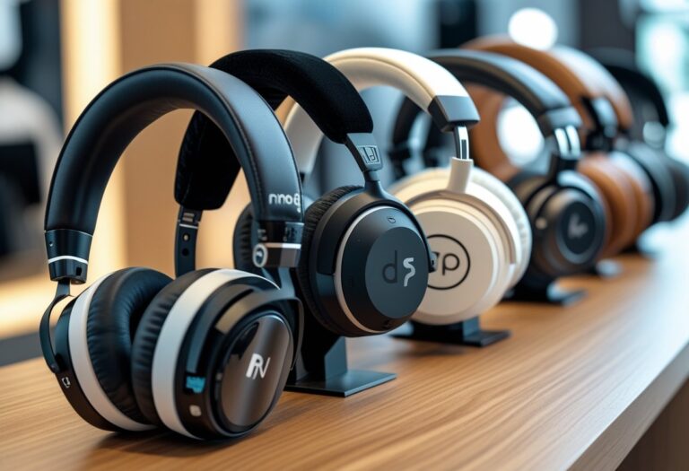 Vários fones de ouvido de diferentes modelos e marcas dispostos sobre uma mesa em uma loja moderna.