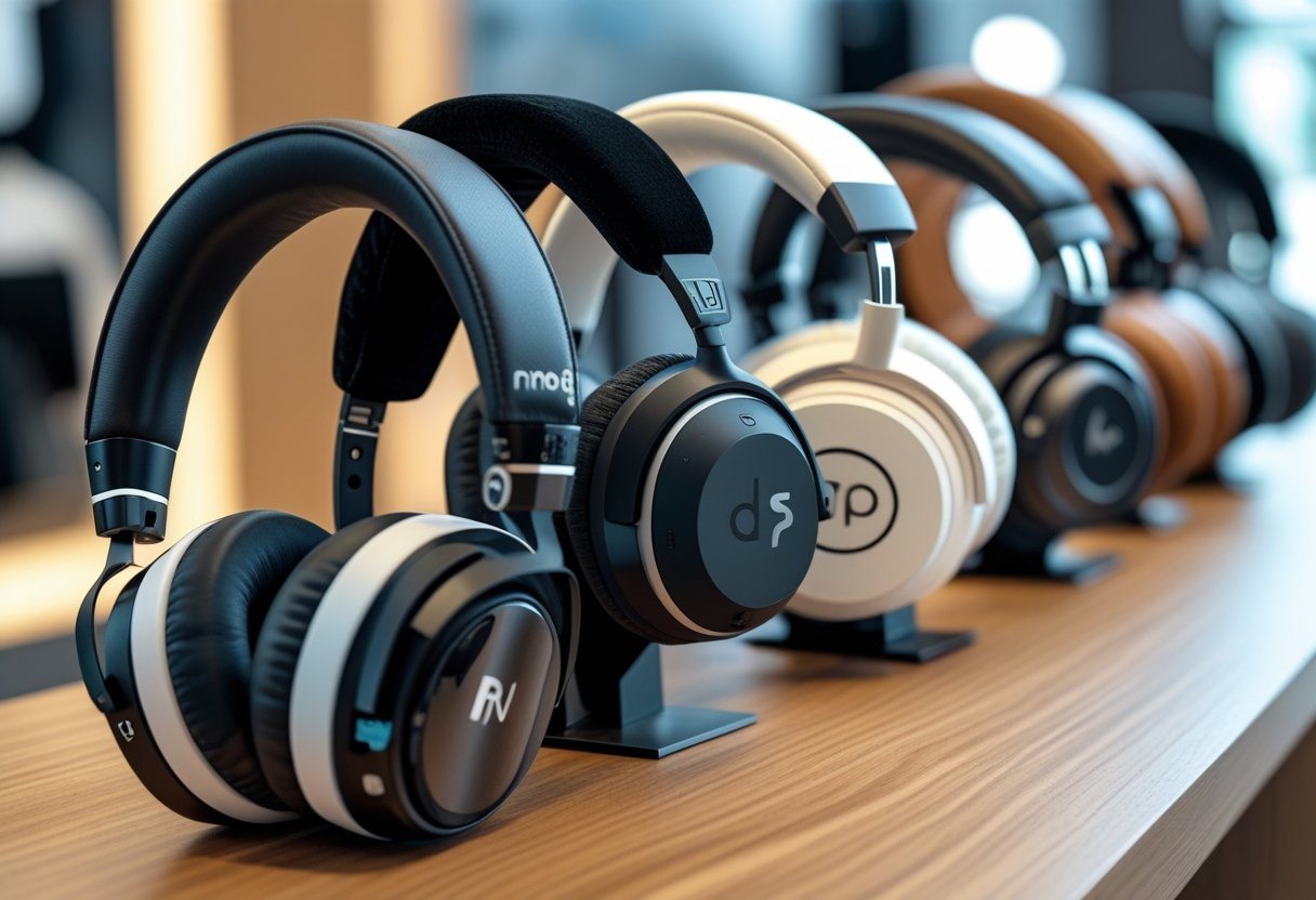 Vários fones de ouvido de diferentes modelos e marcas dispostos sobre uma mesa em uma loja moderna.
